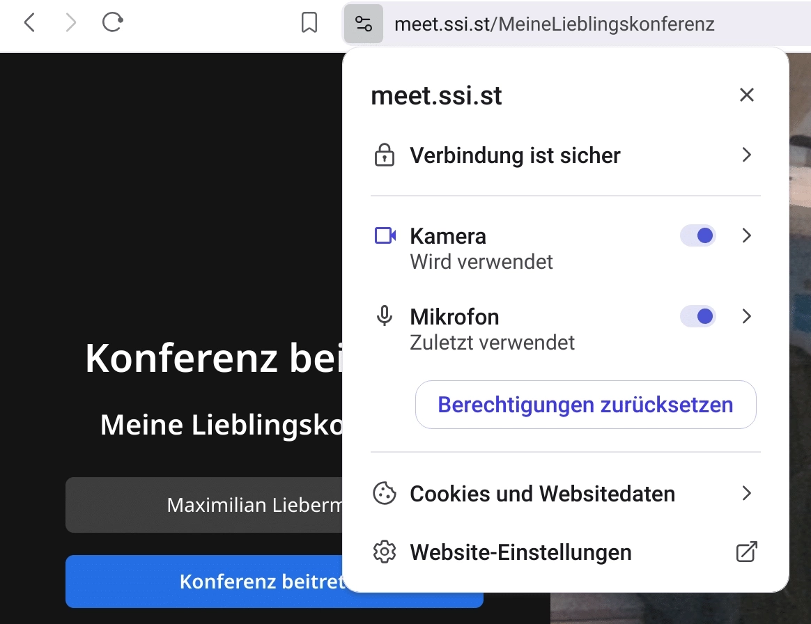 Videokonferenz Kamera und Mikrofionfreigabeeinstellungen im Browser mit ausgewählter Freigabe
