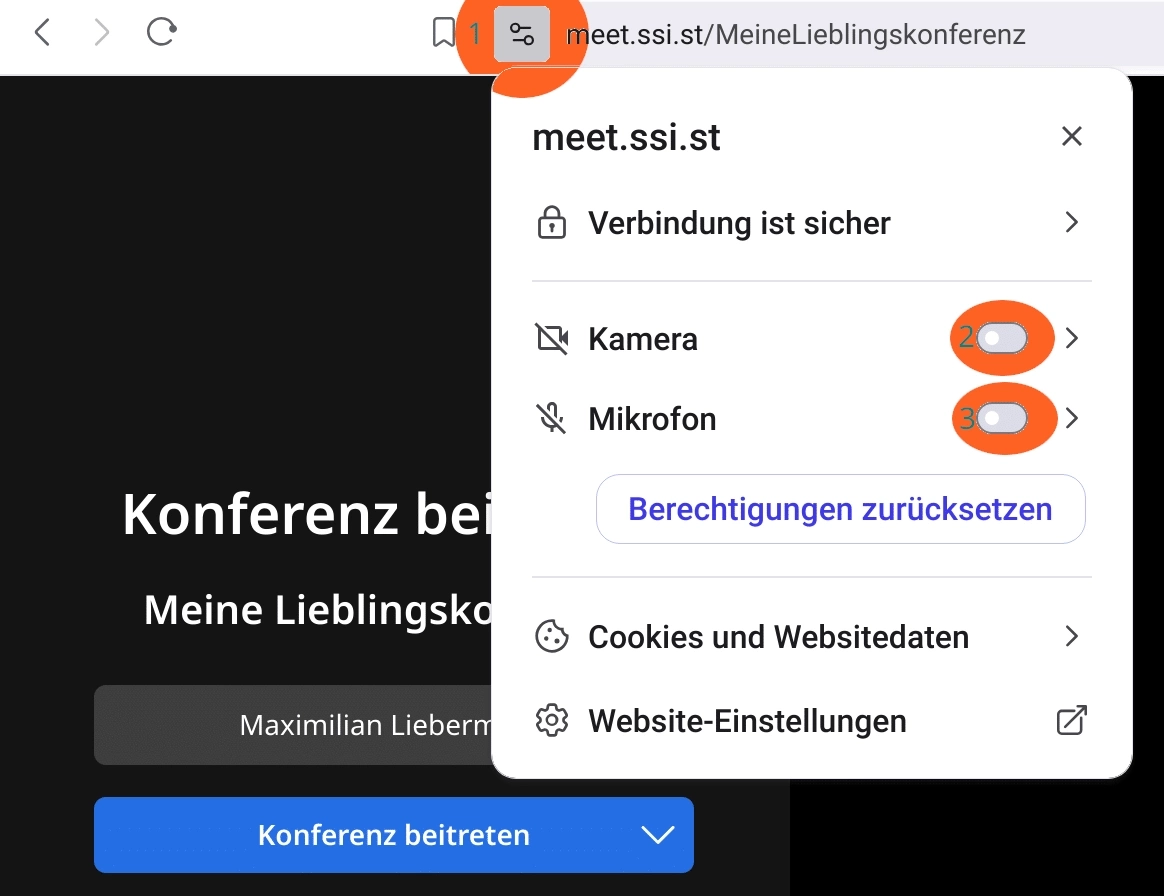 Videokonferenz Kamera und Mikrofionfreigabeeinstellungen im Browser noch ohne Freigabe