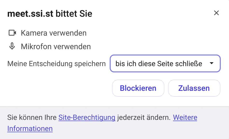 Popup zur Abfrage zum Freigeben von Kamera und Mikrofon für eine Videokonferenz